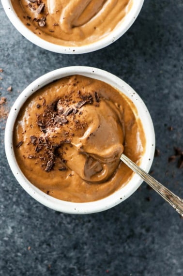 overhead avocado banana chocolate pudding in bowl