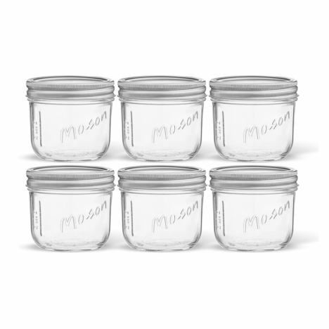 6 glass jars that are 8 oz. in size with lids.