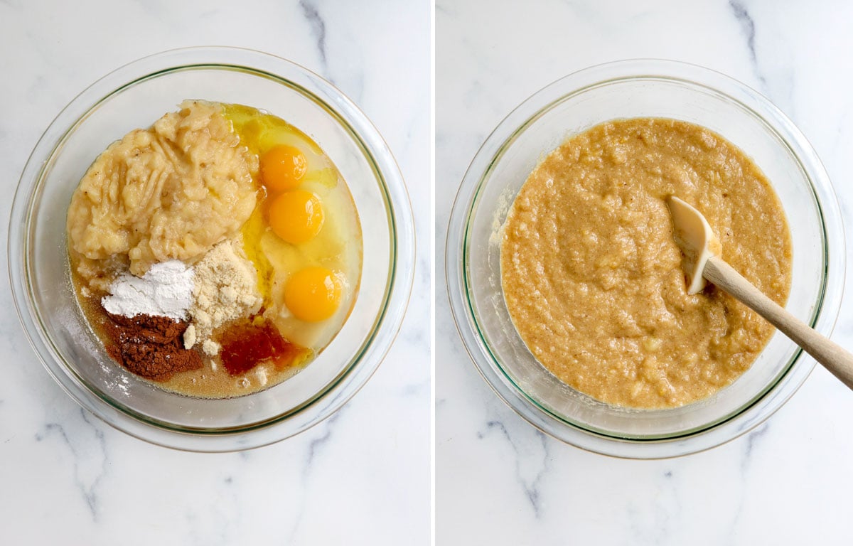 almond flour banana bread mixed in bowl