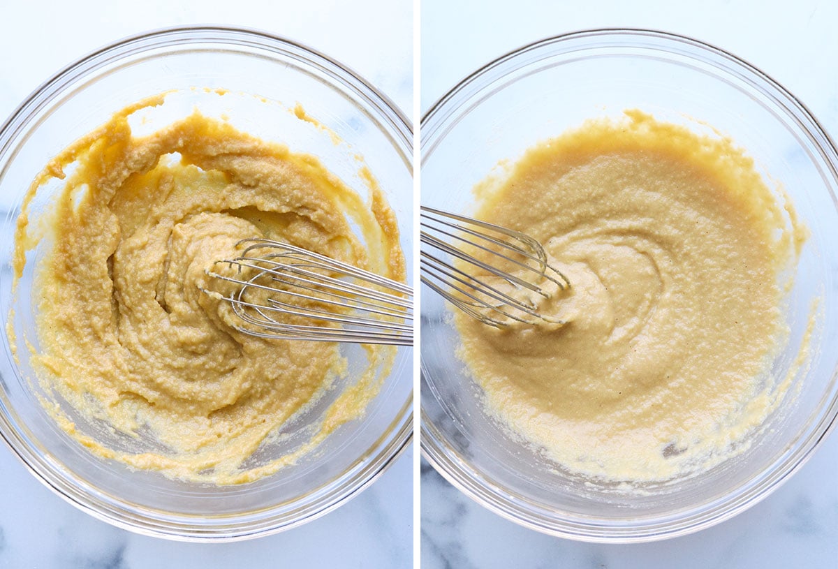 almond flour pancake batter mixed in glass bowl.