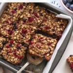 berry baked oatmeal in pan labeled for pinterest.