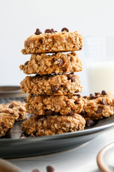 banana oatmeal cookies stacked on plate.