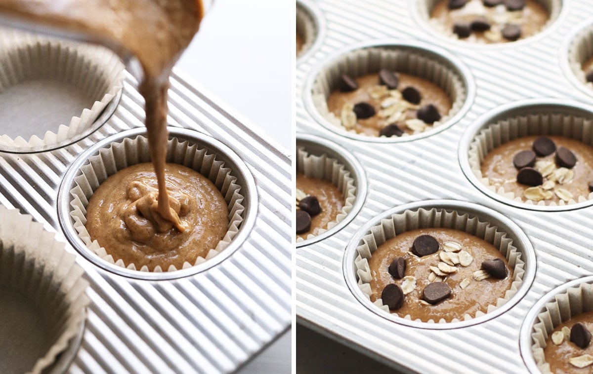 muffin batter poured into liners and toppings added.