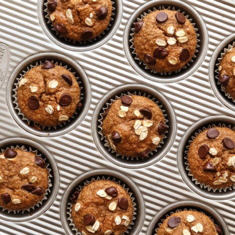 baked banana oatmeal muffins in baking pan.