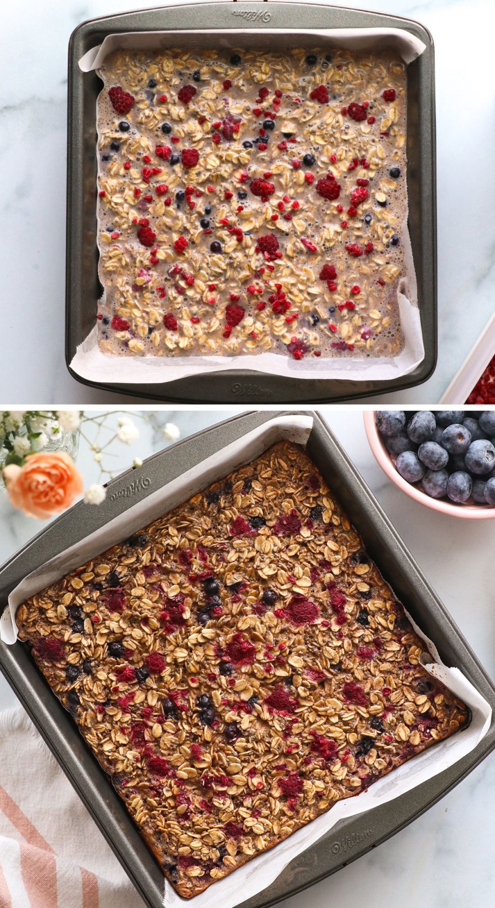 berry oatmeal before and after baking in a pan.