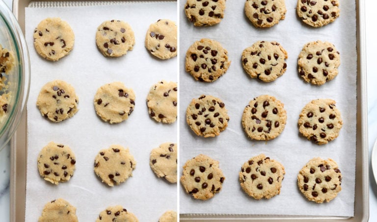 unbaked and baked almond flour cookies on pan