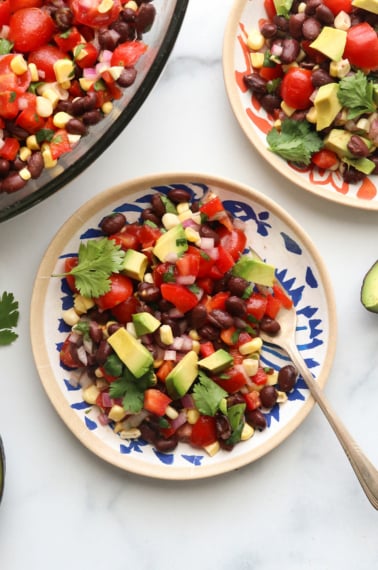 black bean salad served on two colorful plates and topped with avocado chunks.