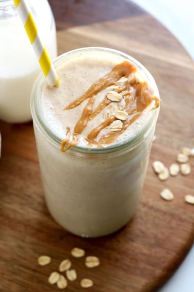 oatmeal smoothie on wood board