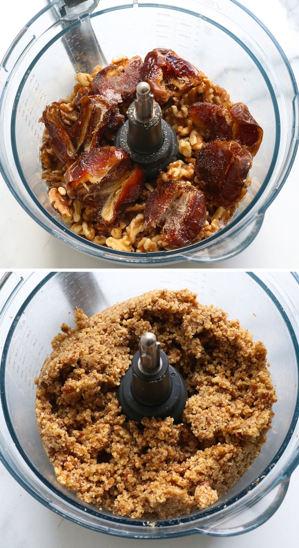 dates, walnuts, salt, and coconut oil processed in a food processor.