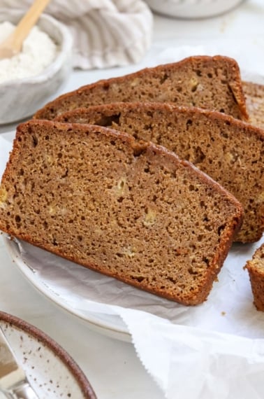 buckwheat banana bread slices on plate.