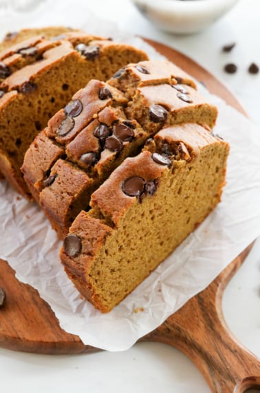 buckwheat pumpkin bread slices with chocolate chips on top.