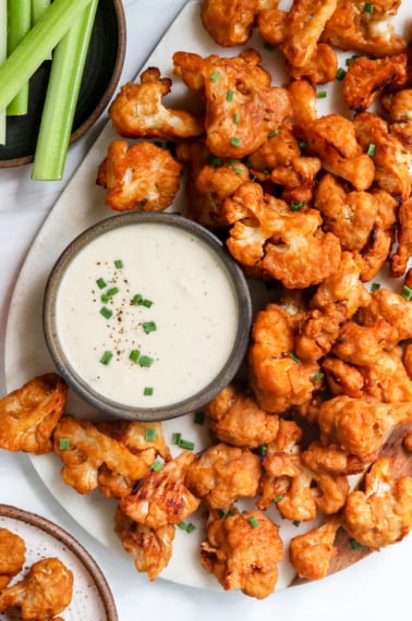 buffalo cauliflower served with blue cheese dip.