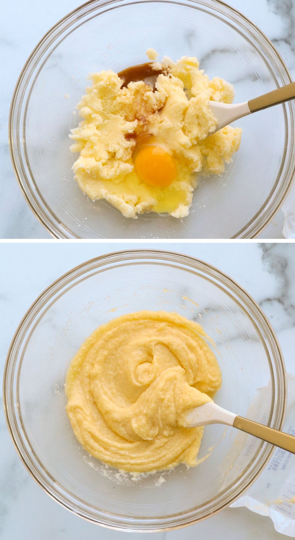 butter creamed with sugar and mixed with egg, vanilla, and almond extract.