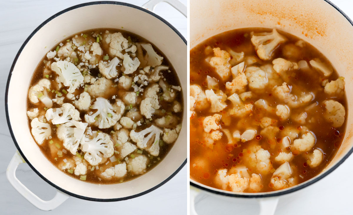 cauliflower and veggie broth added to pot