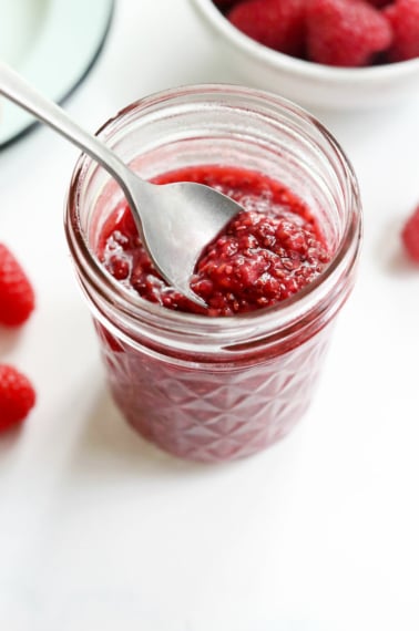 chia jam on a spoon