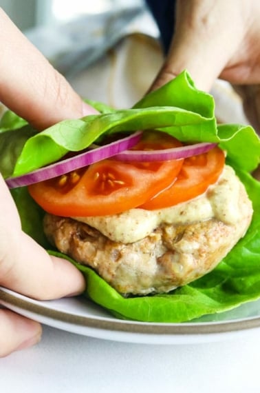 chicken burger in lettuce wrap