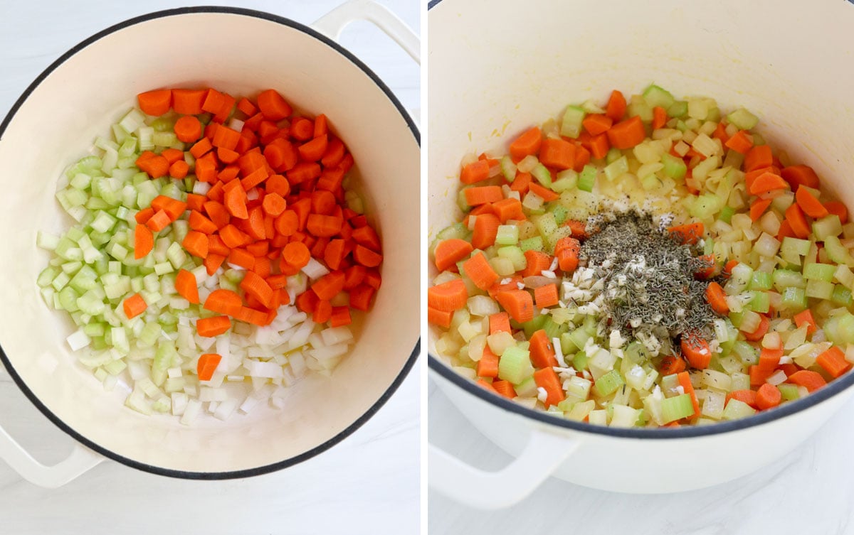 soup veggies sauteed in pot with herbs and garlic.