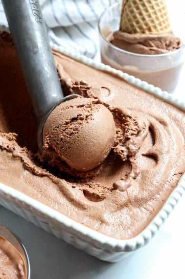 chocolate coconut milk ice cream scooped in pan