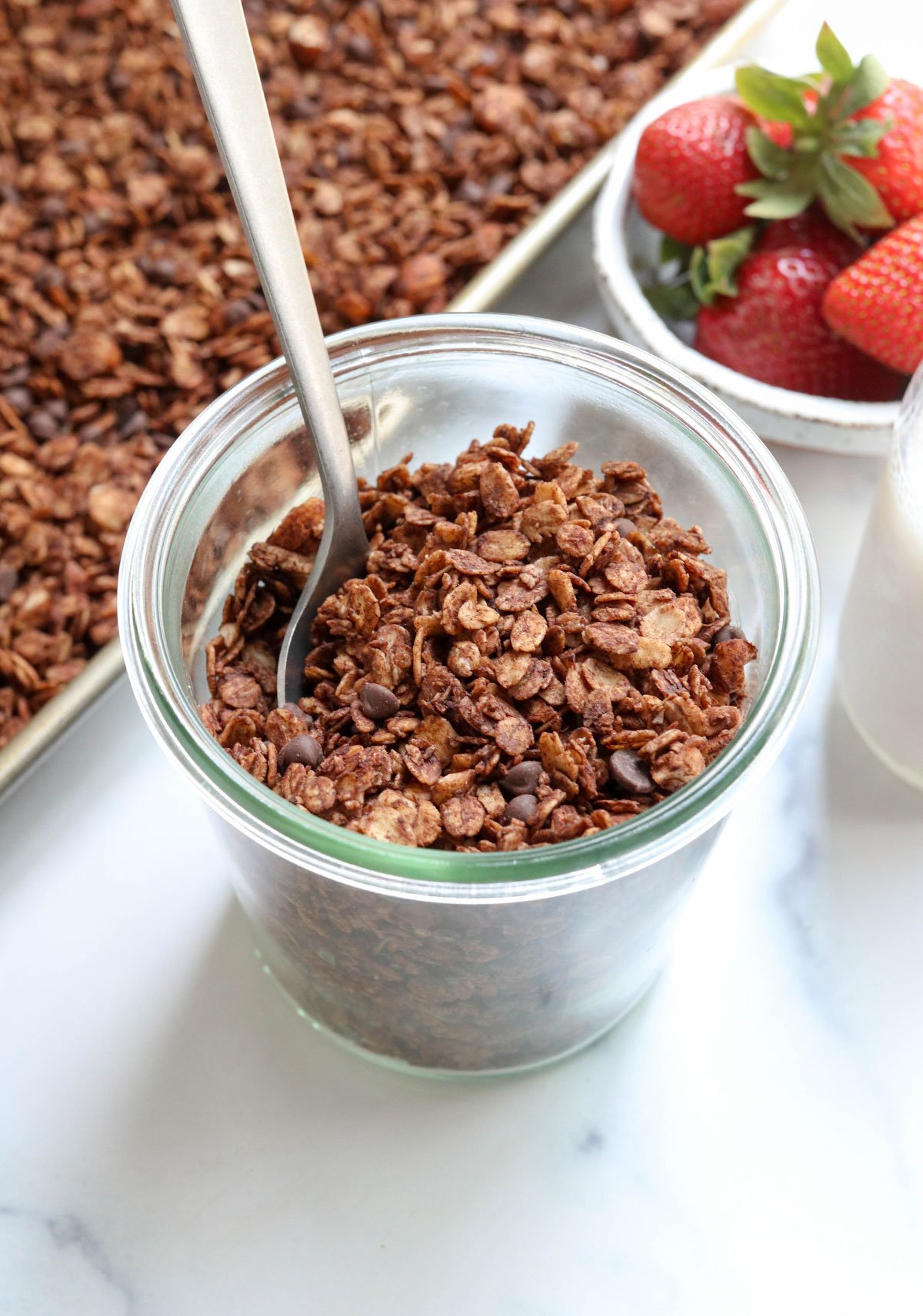 chocolate granola in glass jar