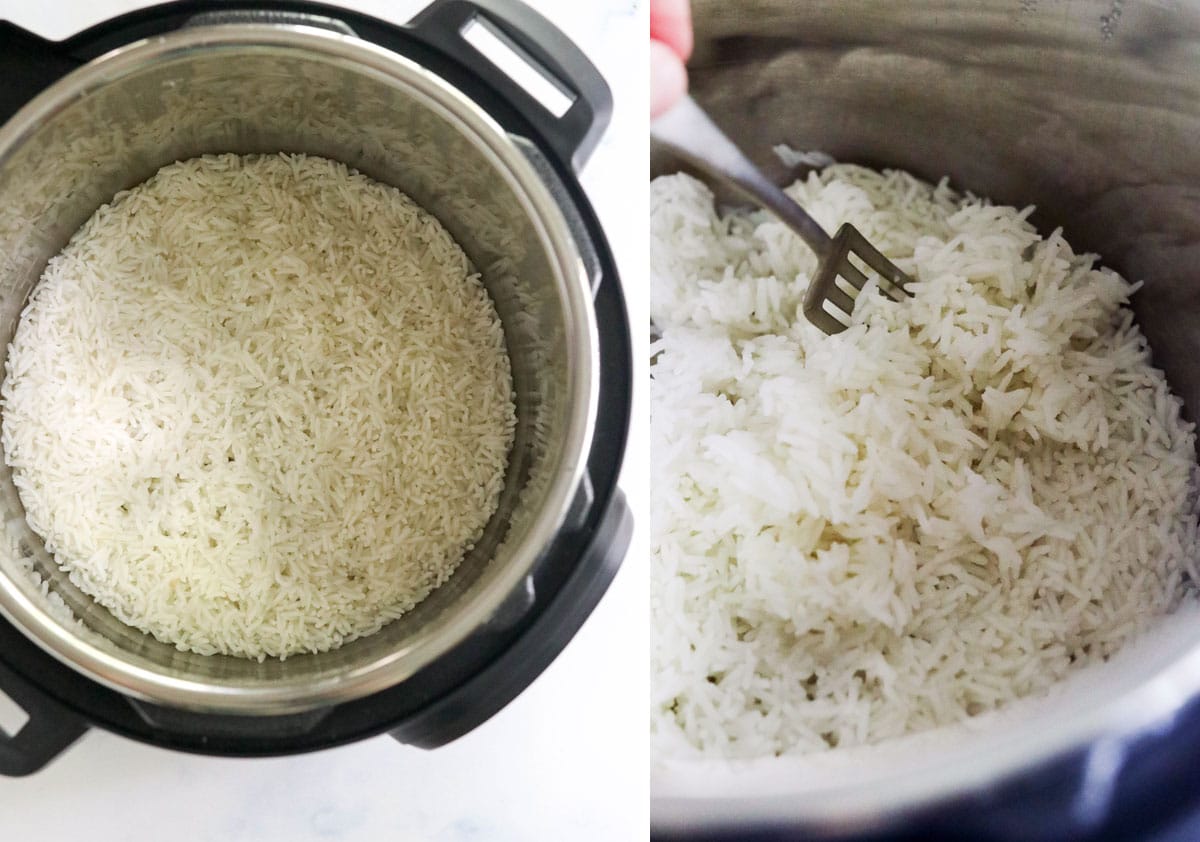 fork fluffing cooked rice in the pressure cooker