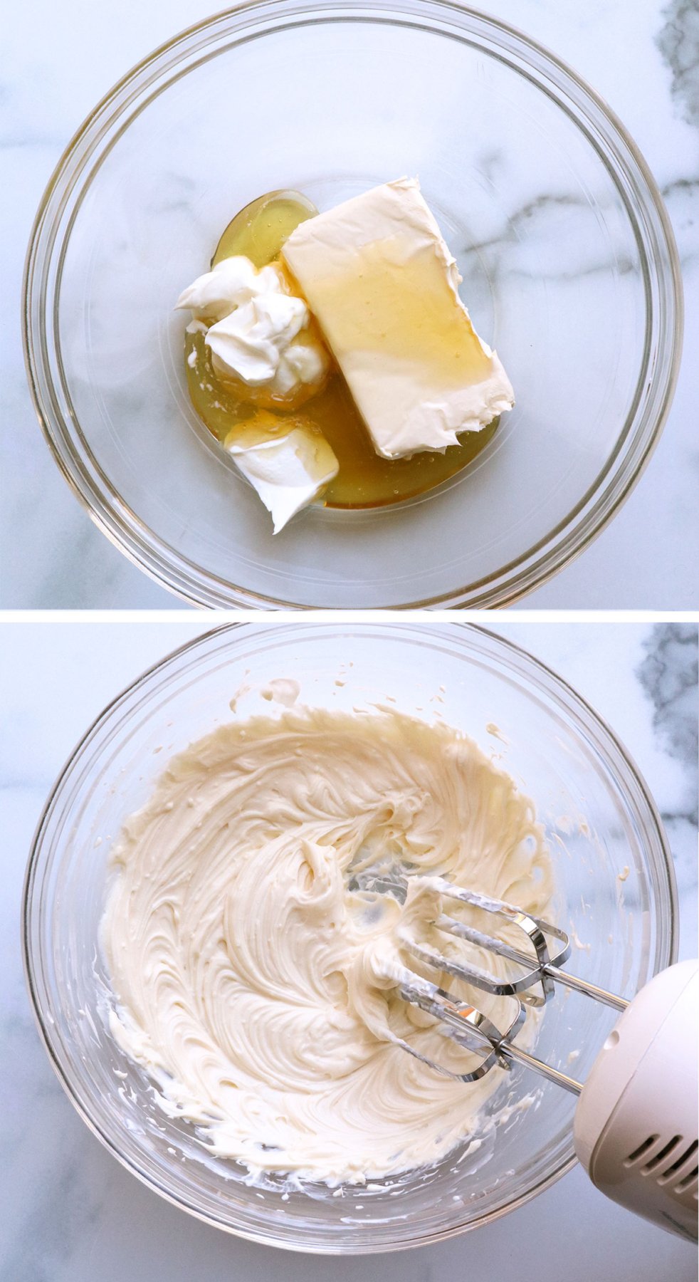 cream cheese, honey, and yogurt whipped with an electric mixer in a glass bowl.