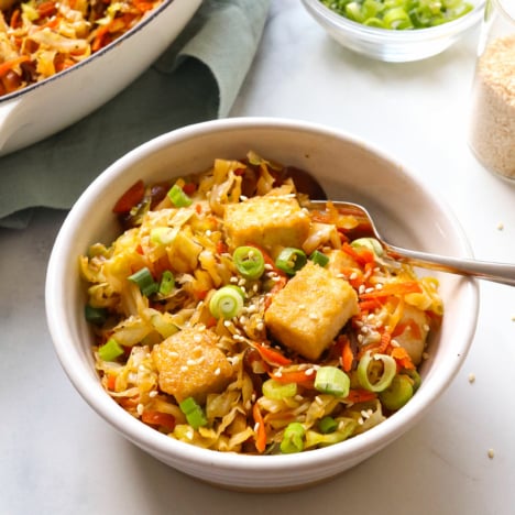 vegan egg roll in a bowl served in white bowl.