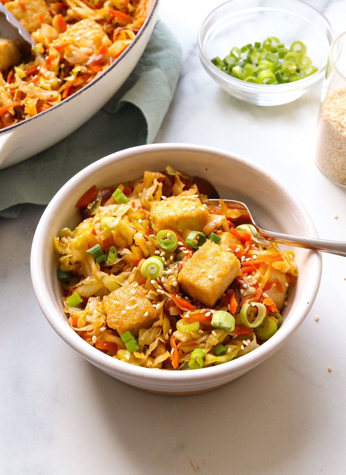 vegan egg roll in a bowl served in white bowl.