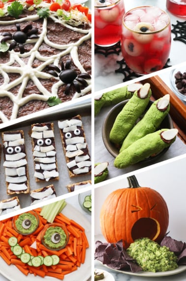 spider web dip, witch finger cookies, puking pumpkin, and halloween veggie tray.