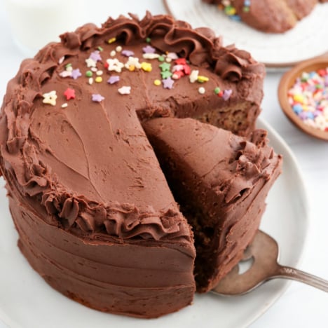 chocolate cake from the side with a slice about to be removed.