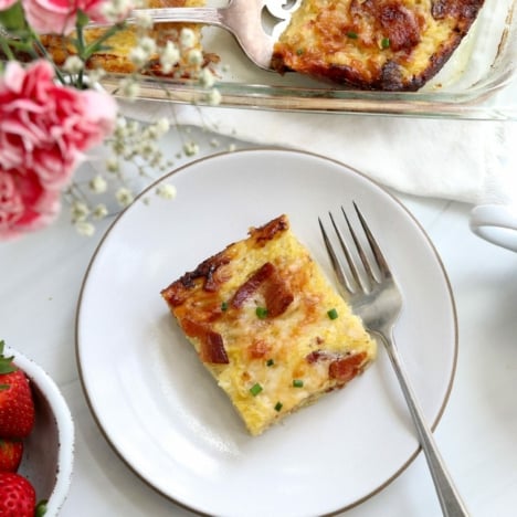 slice of breakfast casserole served on plate.