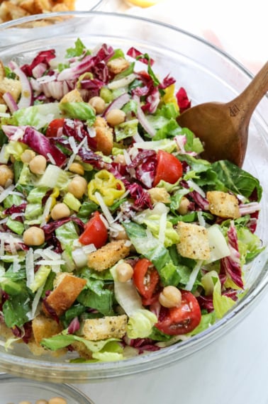 italian salad in large glass bowl.