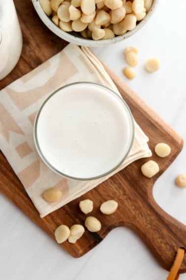 macadamia nut milk in a glass overhead