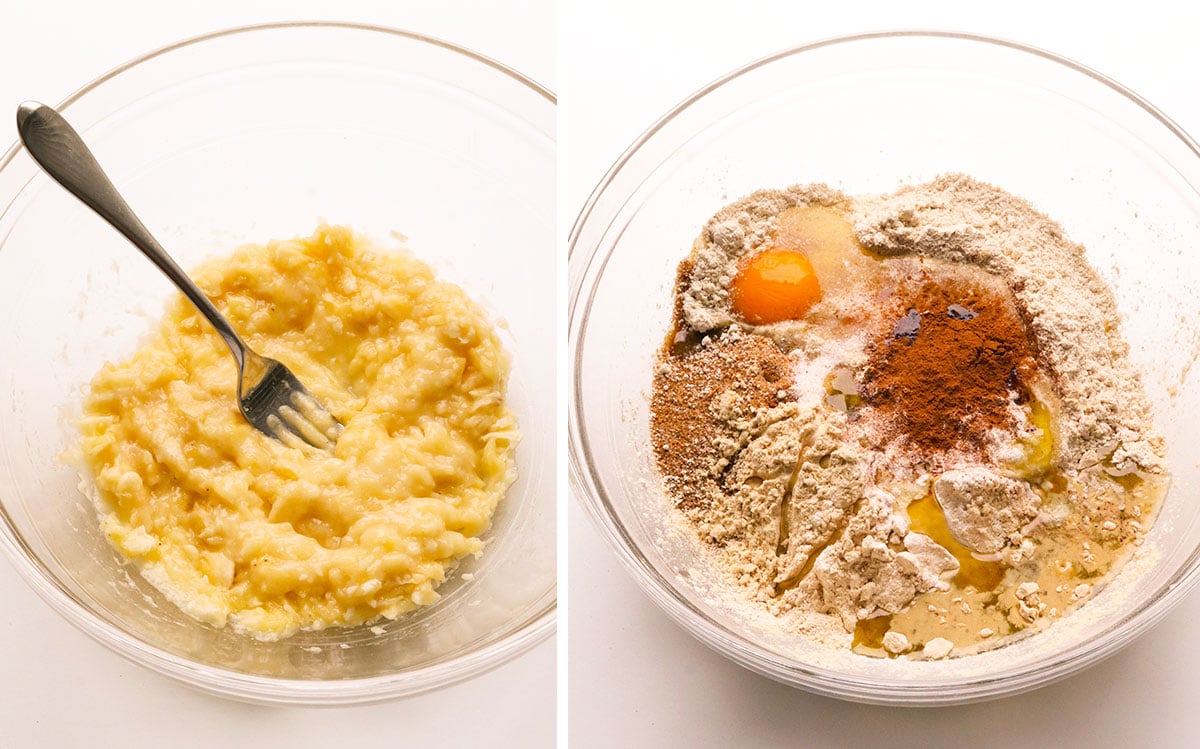 banana mashed in a glass bowl and muffin ingredients added in.