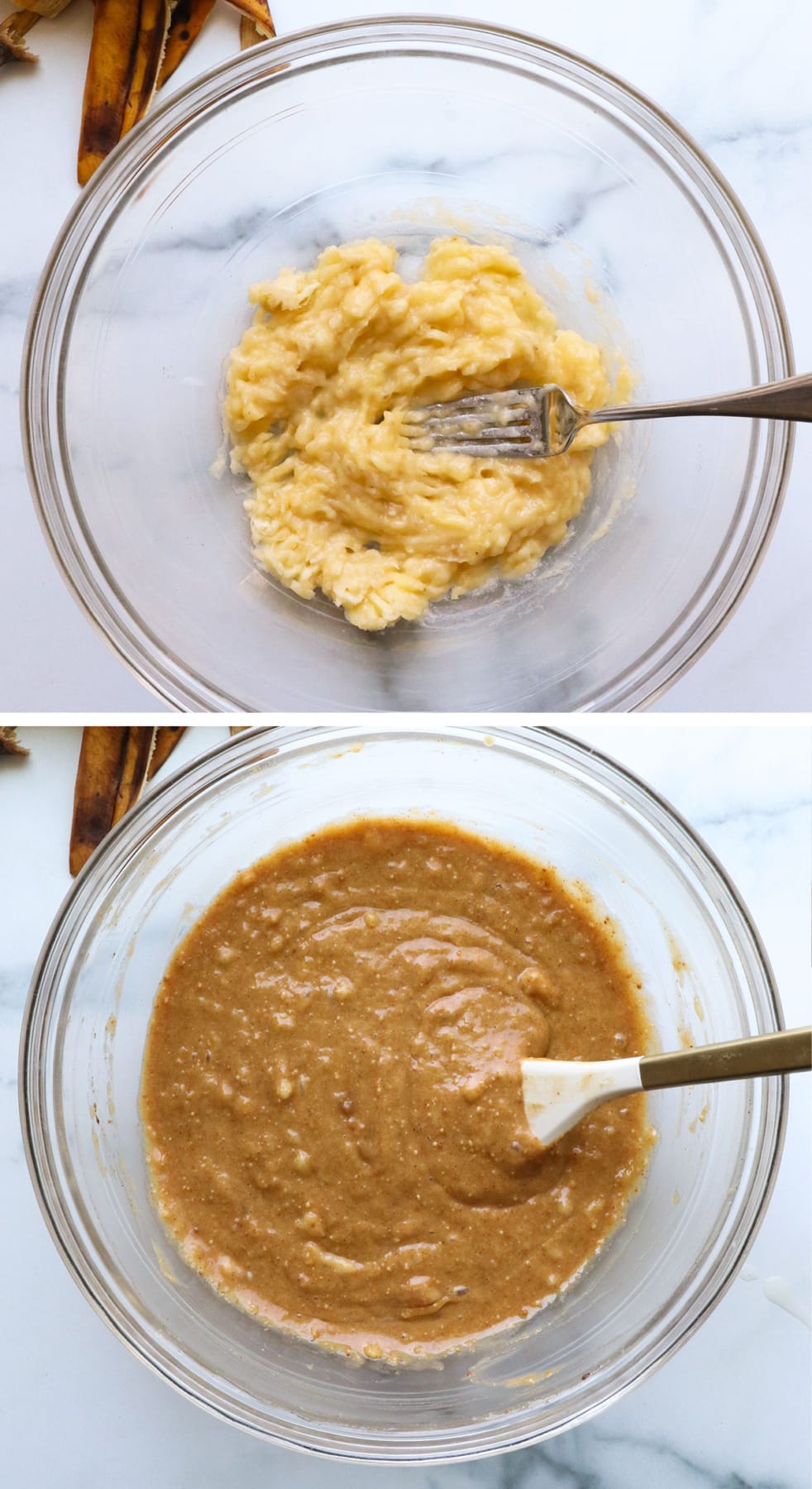 banana mashed with a fork in a glass bowl and mixed with peanut butter and eggs.