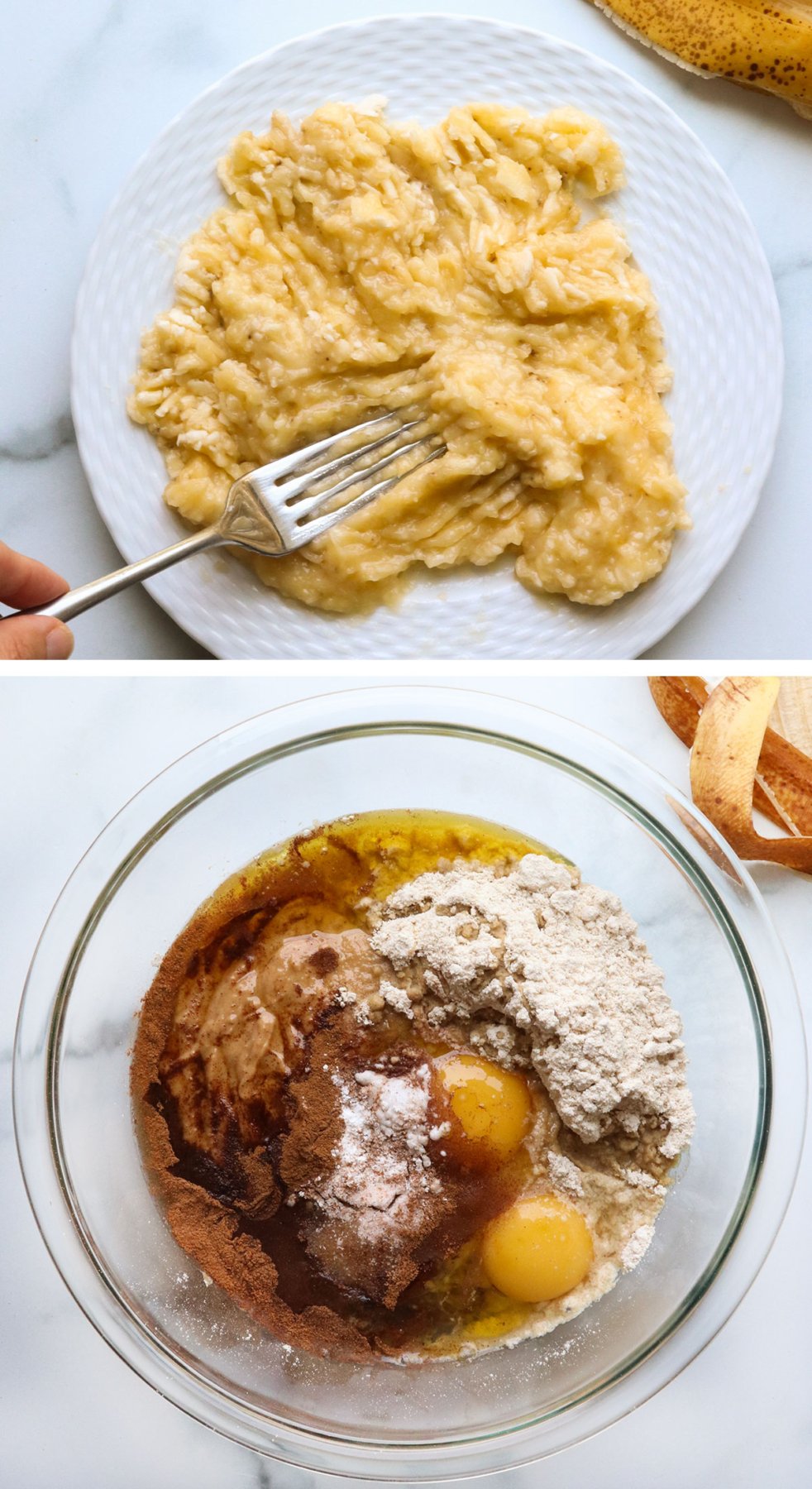 banana mashed with fork and ingredients added to glass bowl. 