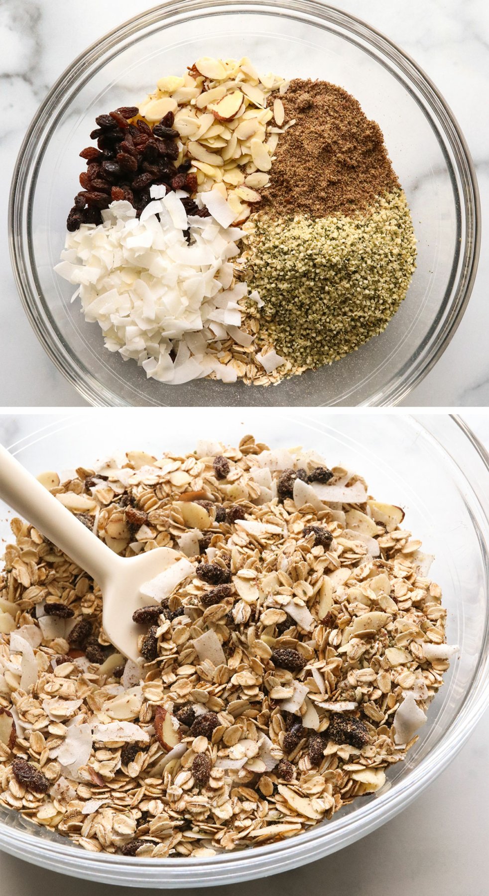 muesli ingredients stirred together in a large glass bowl.