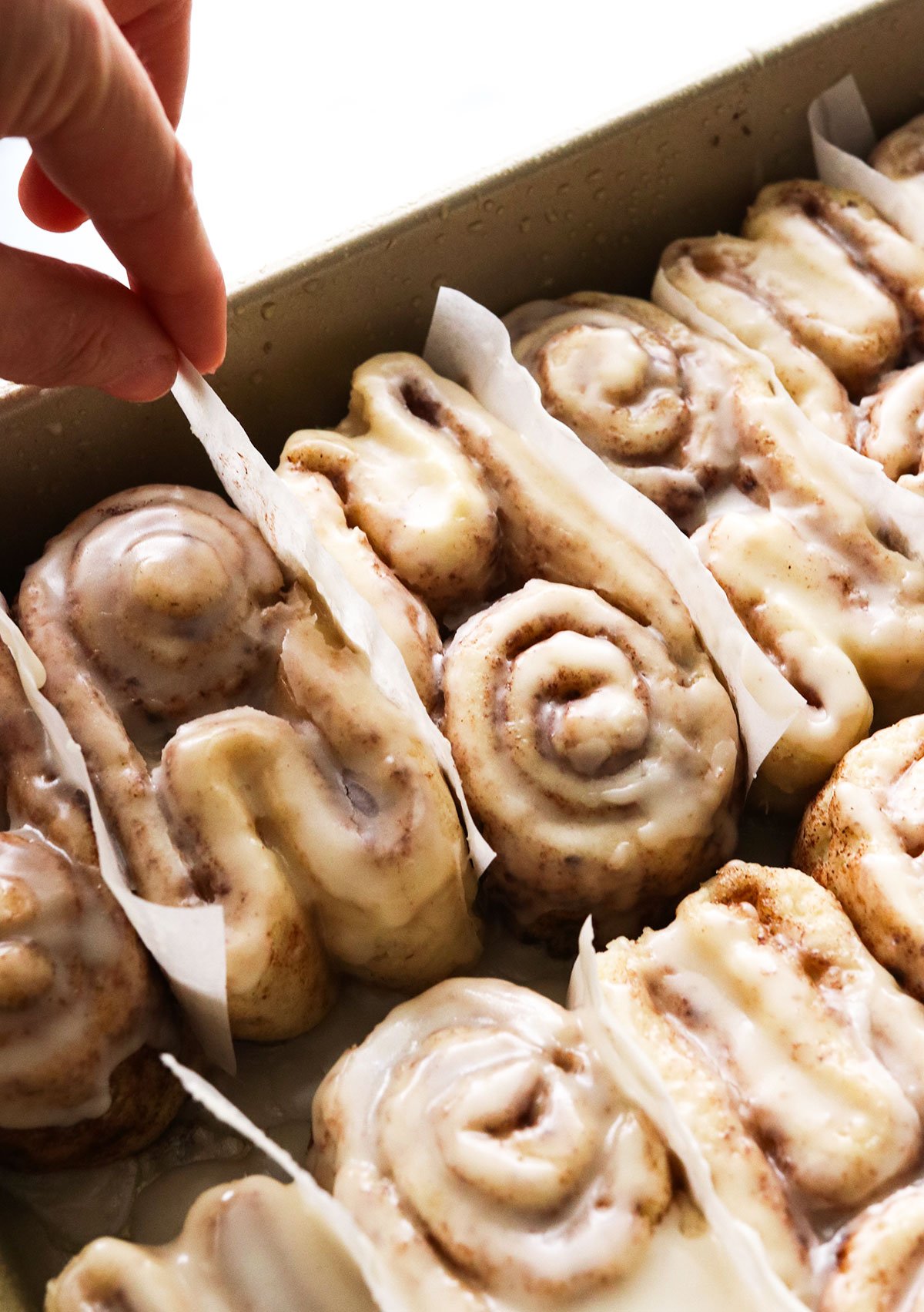 parchment paper removed from Easter cinnamon rolls.