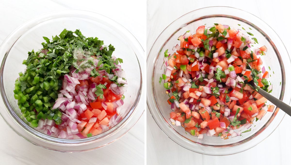 pico de gallo mixed in glass bowl.