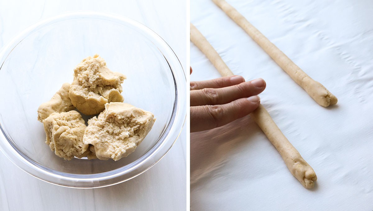 pretzel dough in bowl and rolled into ropes on parchment paper.