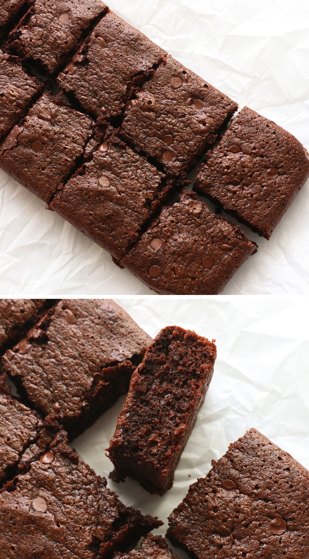 protein brownies sliced into squares and tilted to show texture.