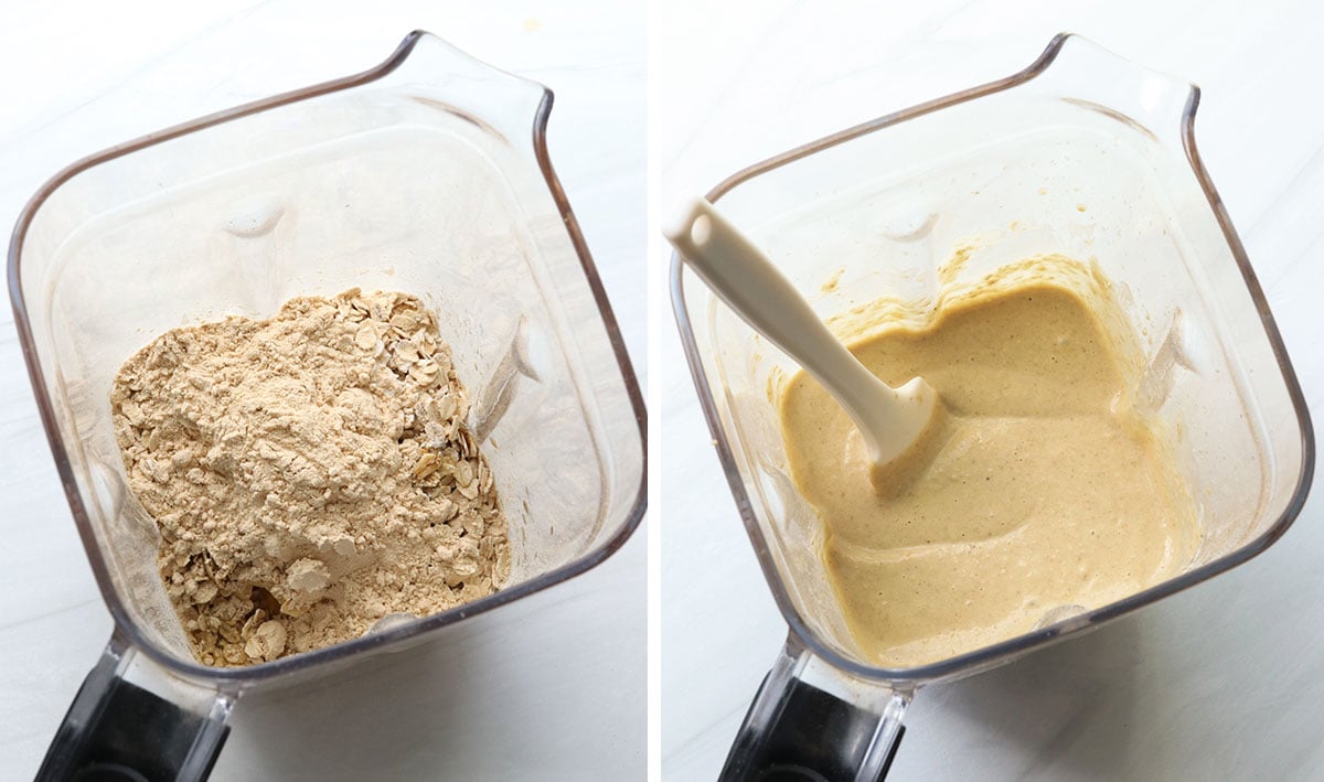 protein waffle batter blended together in a blender pitcher.