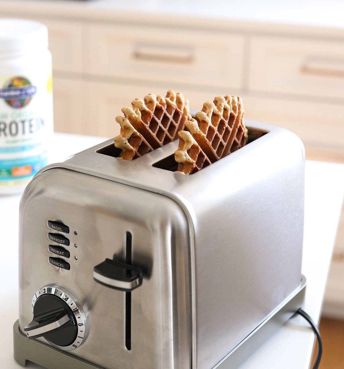 protein waffles reheated in a toaster.