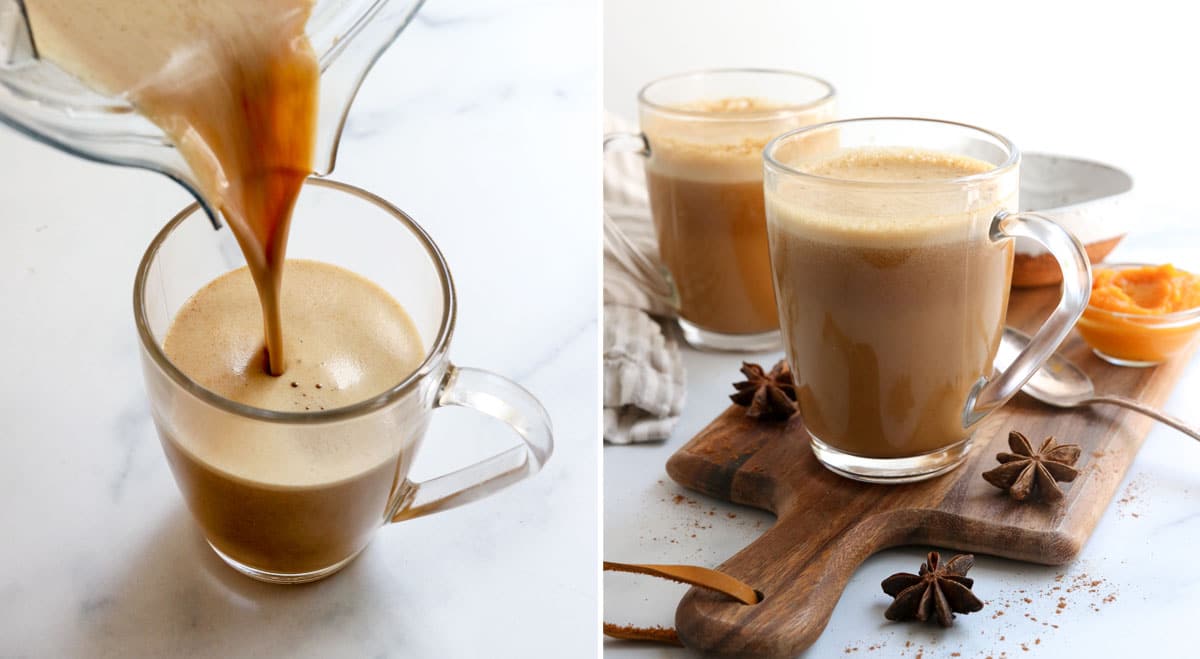 blended latte poured into glass