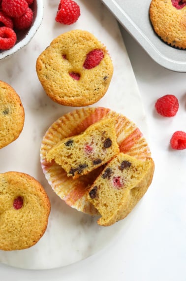 raspberry chocolate muffin cut in half to show texture