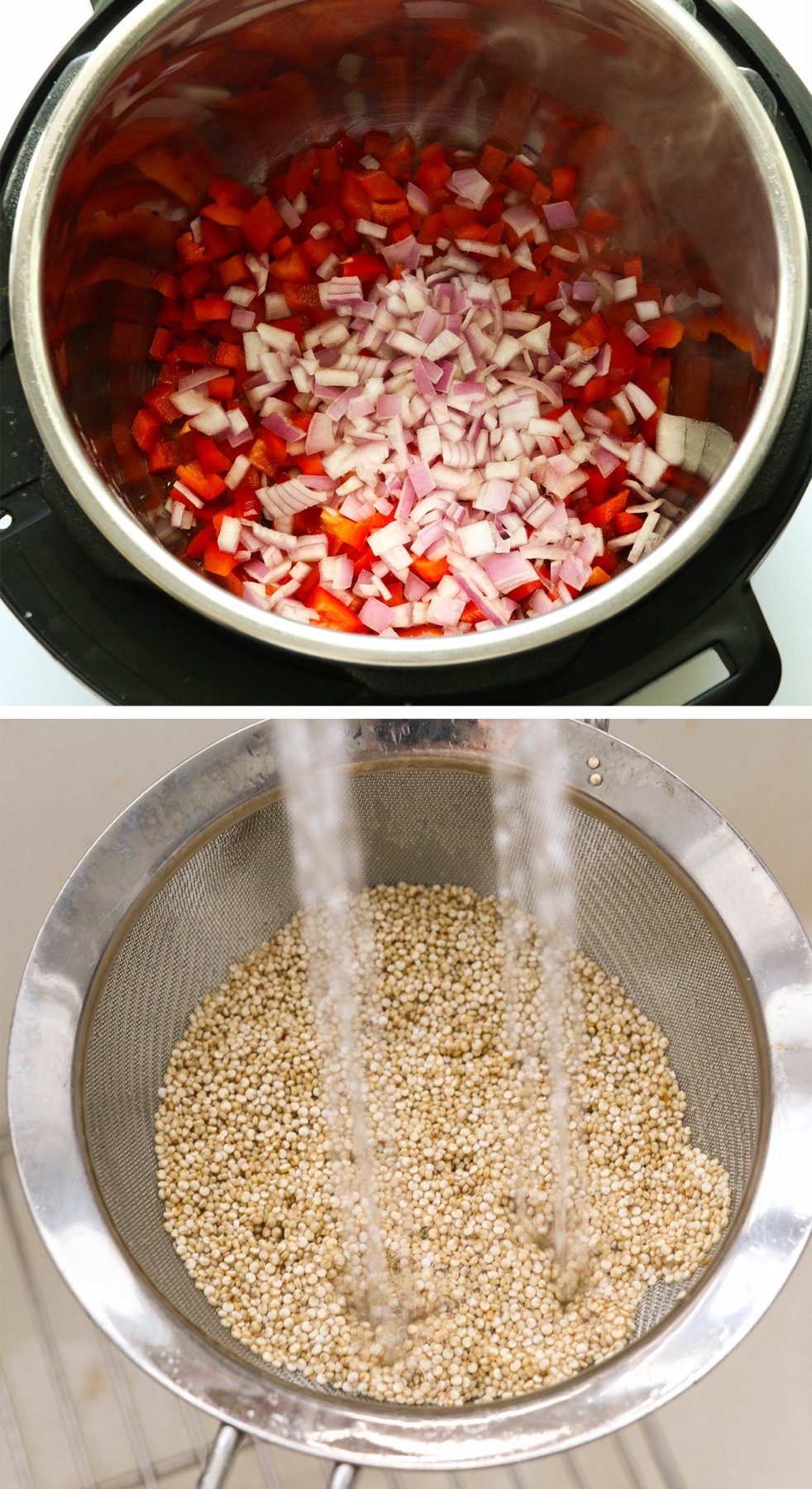 pepper and onion in instant pot and quinoa rinsed in sieve. 