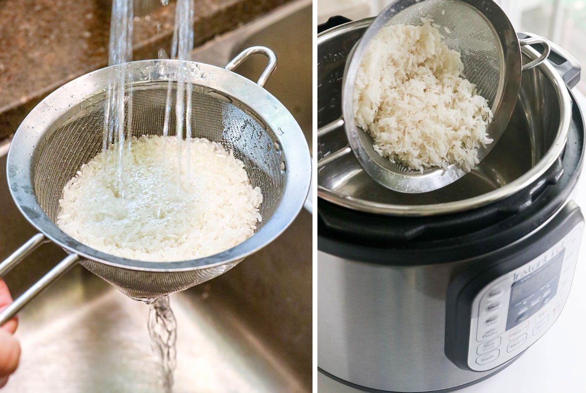 rinsing rice in strainer and adding it to pot