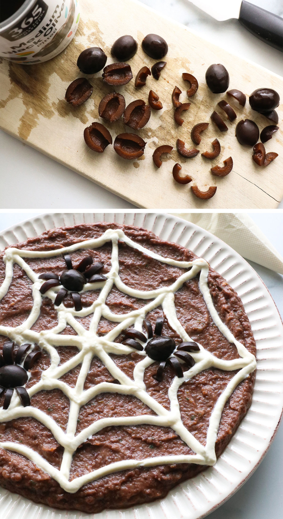 Olives sliced and added to a sour cream spider web.