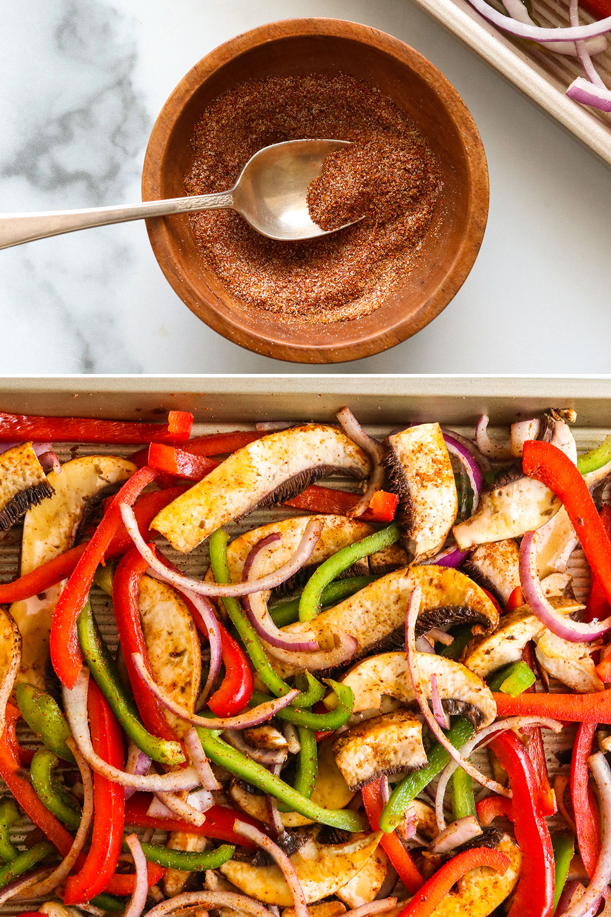 spices mixed together in bowl and sprinkled over veggies in pan.