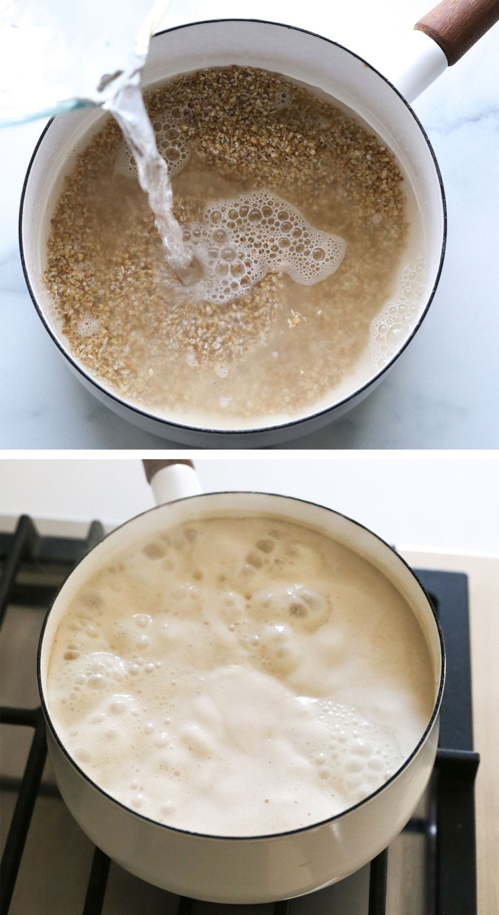 oats added to a pan and boiled on the stove top.