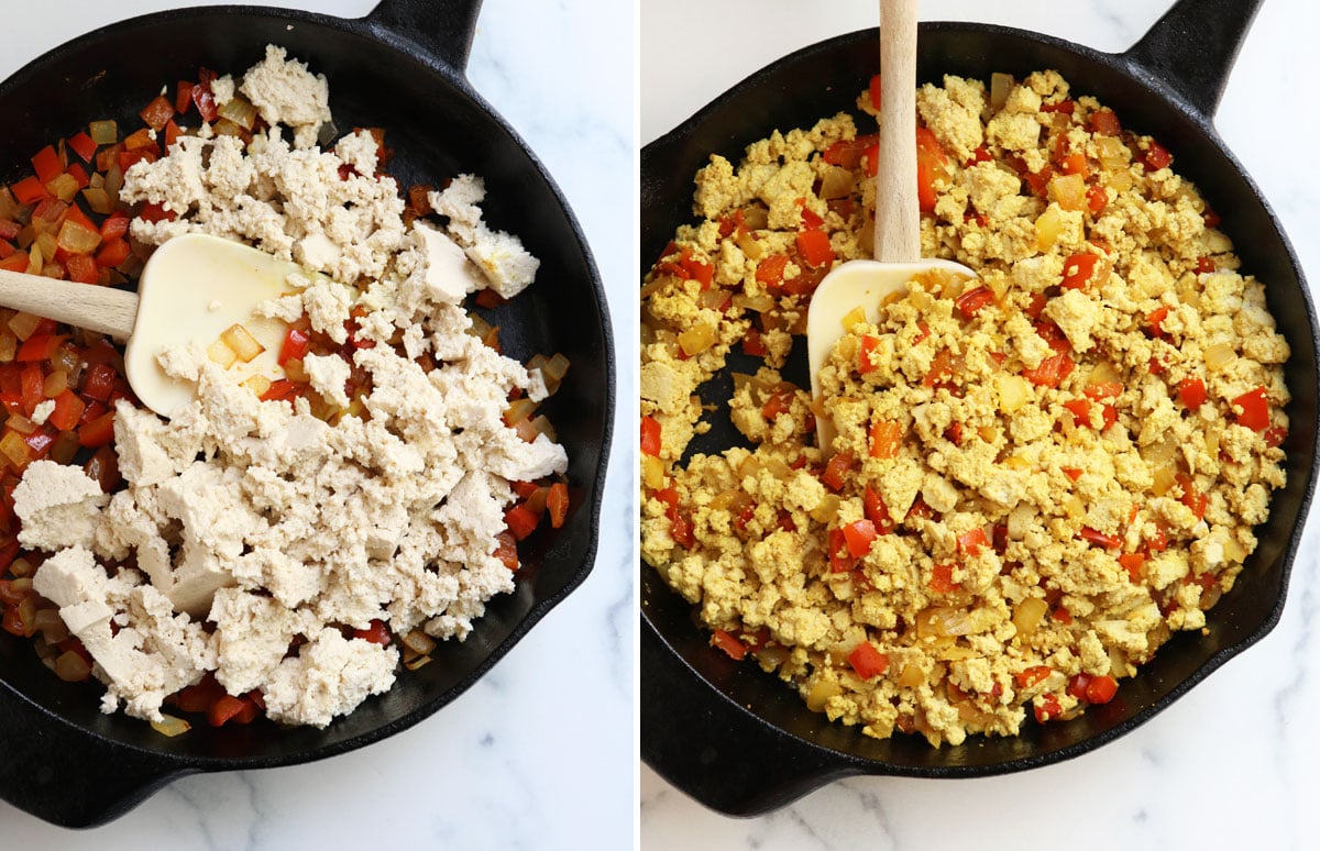 tofu crumbled into the pan